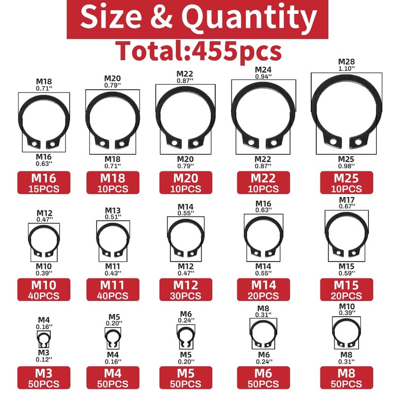 AIMUNOK 455Pcs External Retaining Rings Snap Rings Assortment Kit, External C-Clip Set Carbon Steel, 15 Sizes Circlip Snap Rings M3 - M25 - Image 2